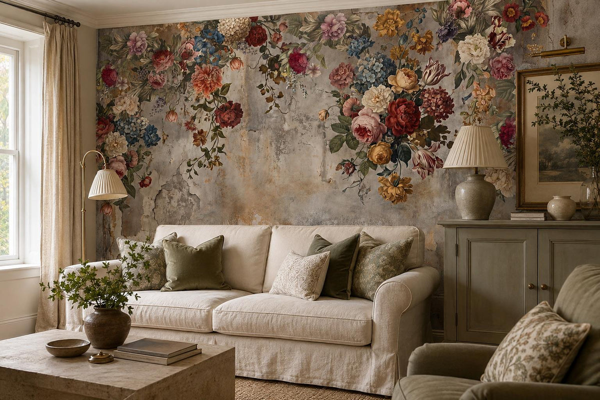 Weathered Floral Fresco Wallpaper Mural interior scene