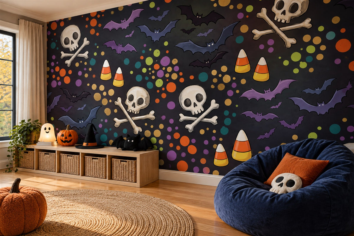 Skulls Crossbones Bats and Candy Corn Halloween Wallpaper Mural - image 4