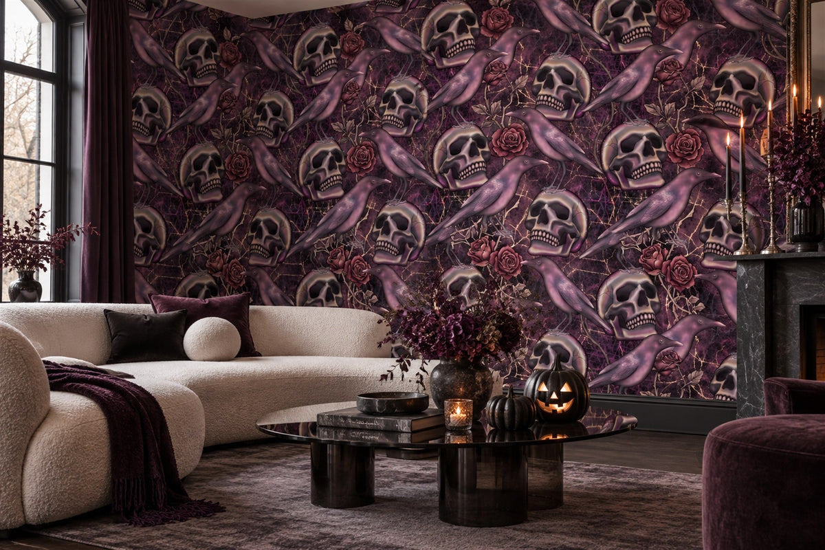 Purple Skulls Roses and Satin Ribbons Halloween Wallpaper Mural - image 3
