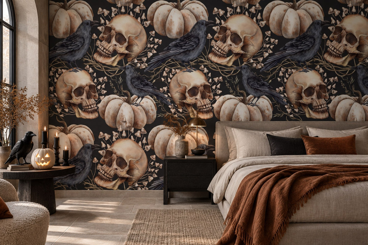Crows Skulls Pumpkins and Pale Roses Halloween Wallpaper Mural - image 3
