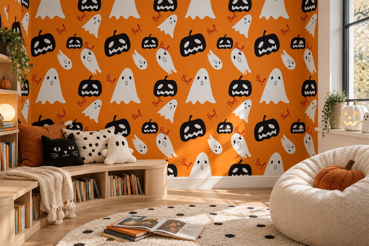 White Ghosts and Black Pumpkins Halloween Wallpaper Mural - image 4