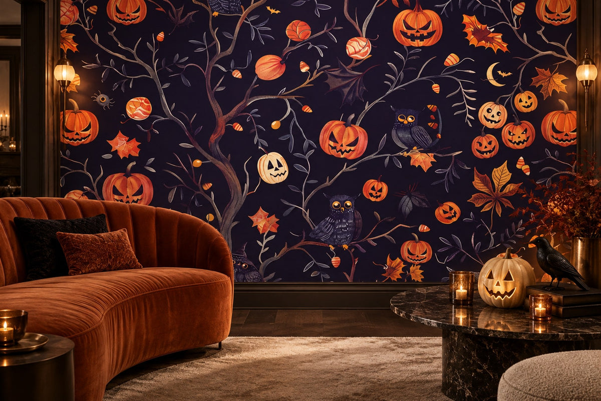 Jack O Lantern Tree with Owls and Moon Halloween Wallpaper Mural - image 4
