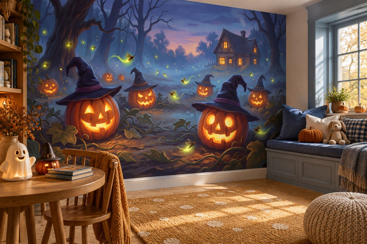 Glowing Jack O Lanterns in Witch Hats Halloween Wallpaper Mural - image 4