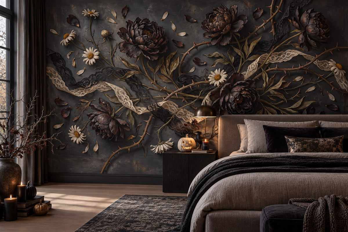 Black Roses Daisies and Thorny Branches Halloween Wallpaper Mural - image 4
