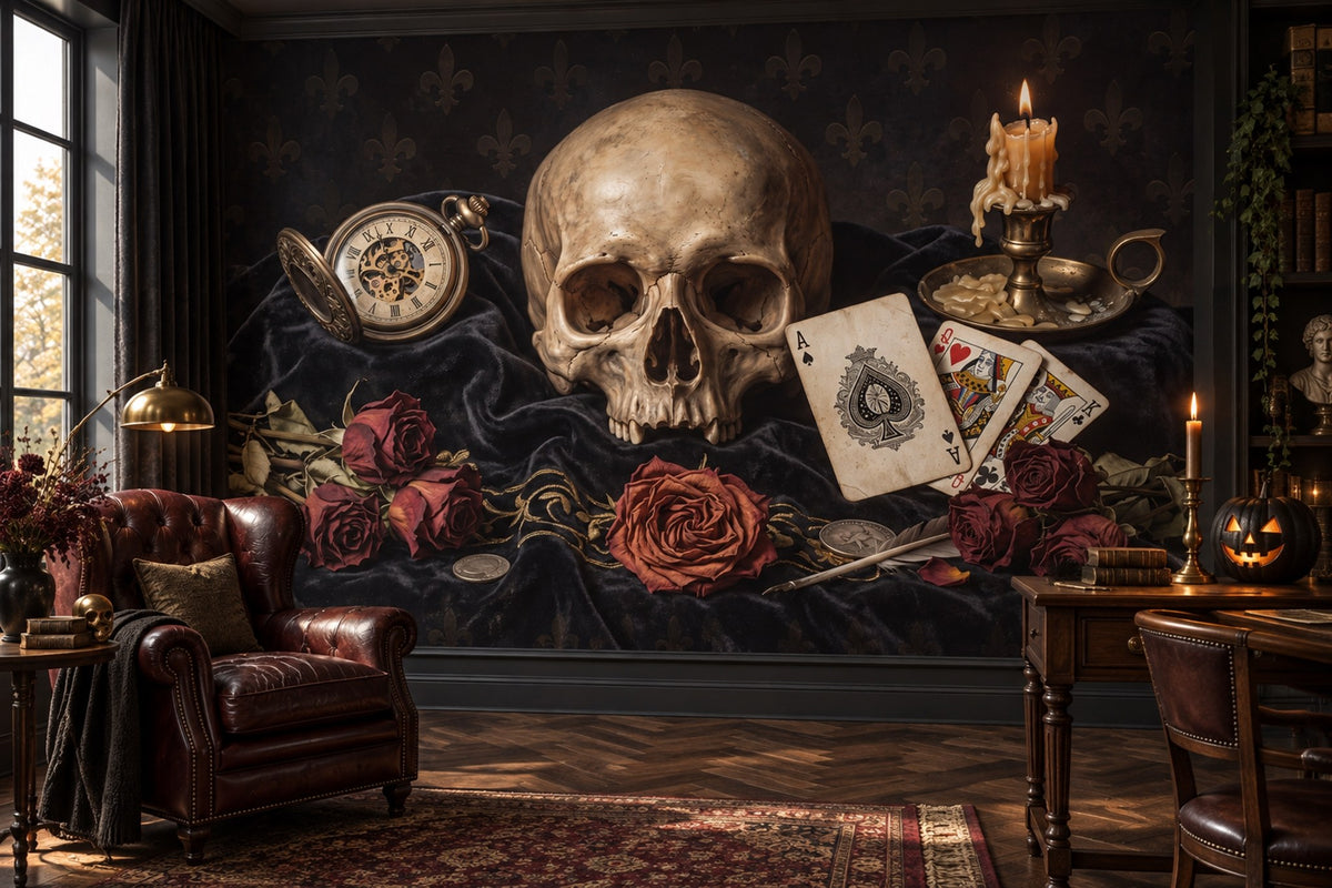 Skull Pocket Watch Candles Cards and Roses Halloween Wallpaper Mural - image 4
