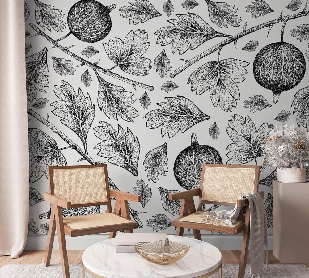 Living room wallpaper with a distinctive leaf and fruit pattern