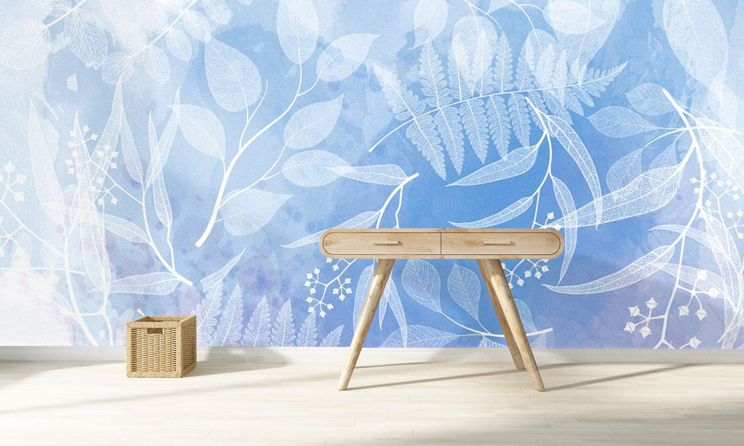 Art deco wallpaper mural with a leaves shadow design used as a bathroom decoration