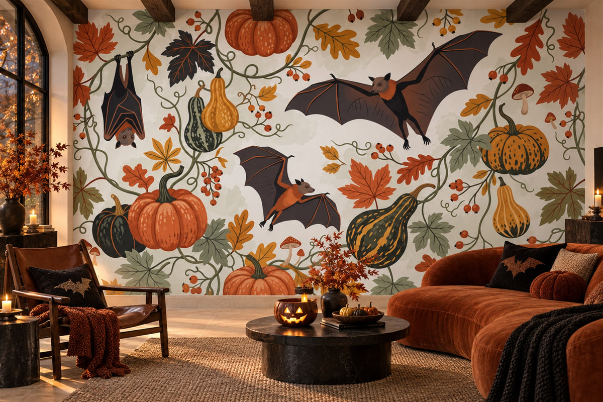 Bats Pumpkins Gourds and Autumn Leaves Halloween Wallpaper Mural - image 4
