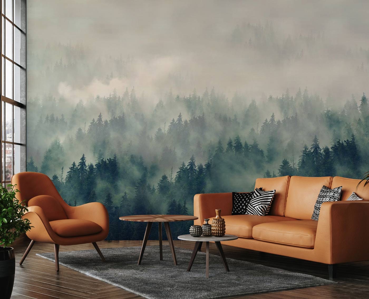 Decorate your living room with this mist forest wallpaper mural.