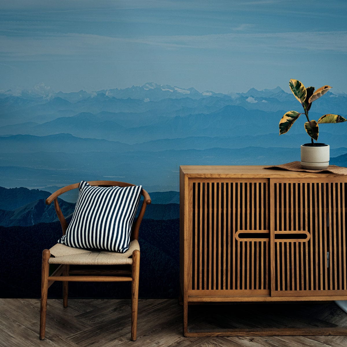 Wallpaper mural featuring a foggy mountain range in the Rockies, perfect for decorating hallways.