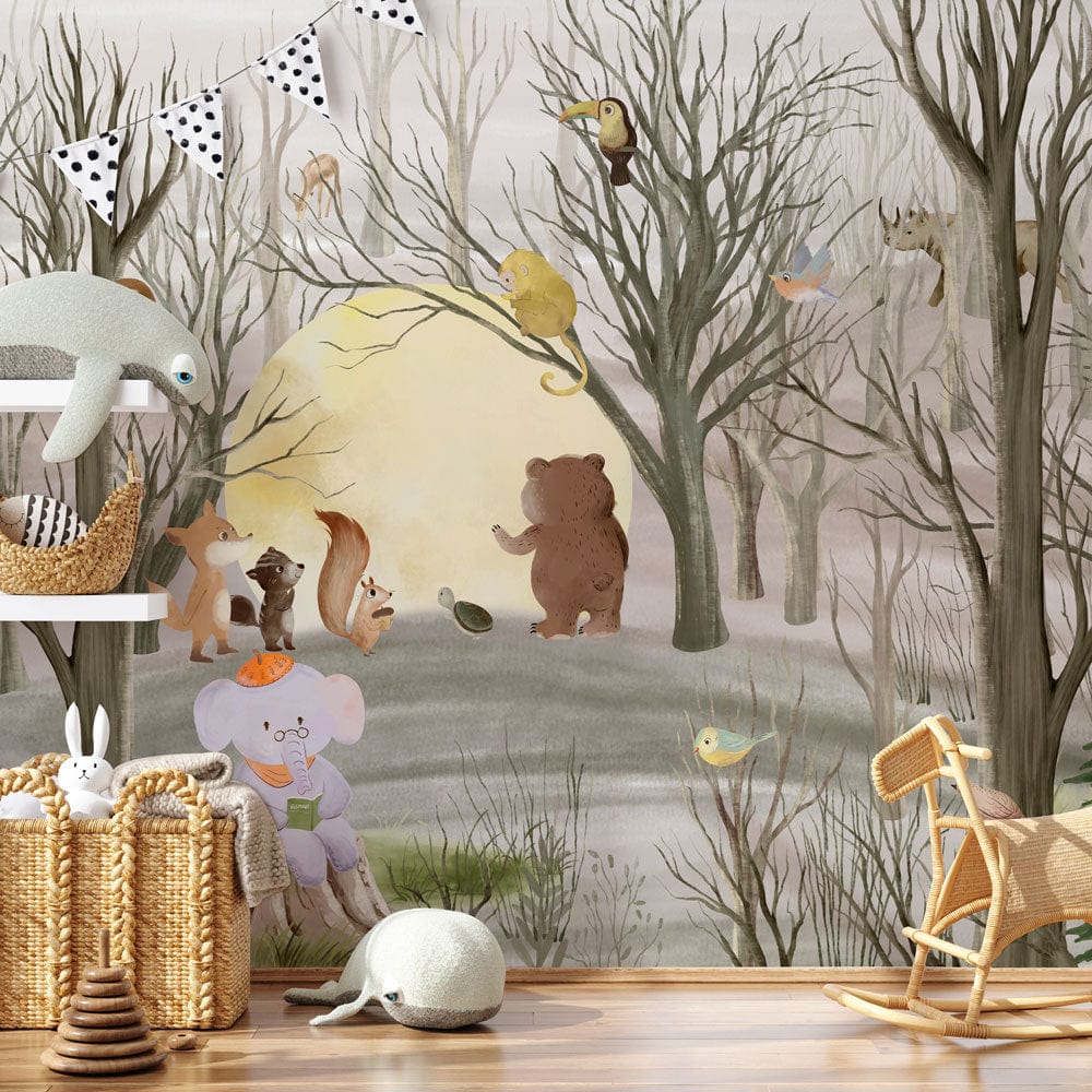 Animals' Moon House Mural Wallpaper for Children's Bedrooms