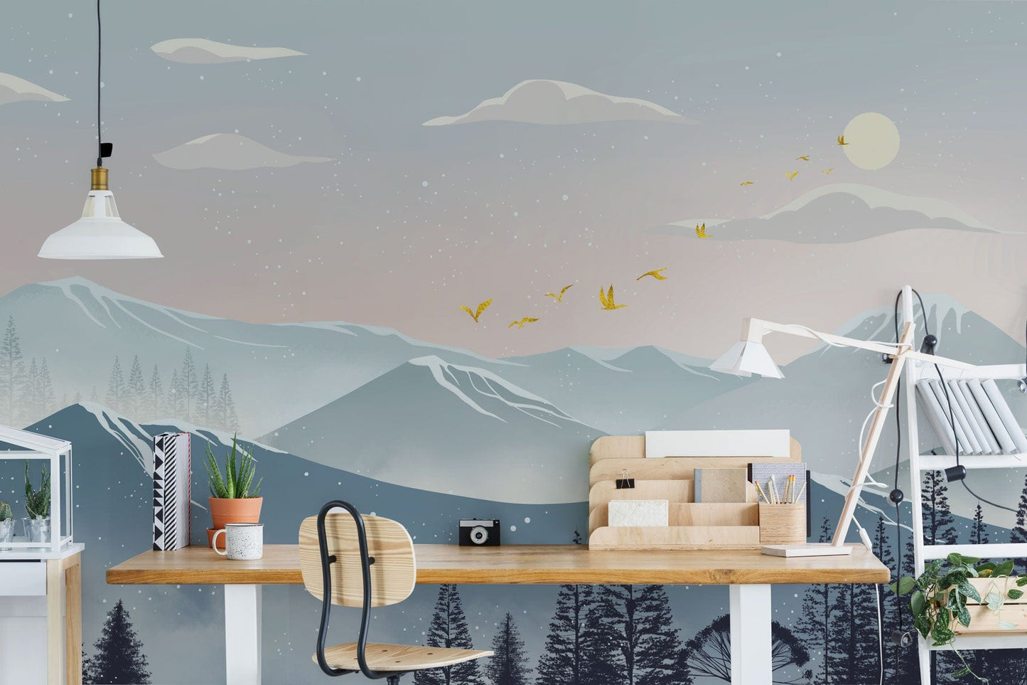 Wallpaper mural with an ombre mountain scene for use in interior design of an office
