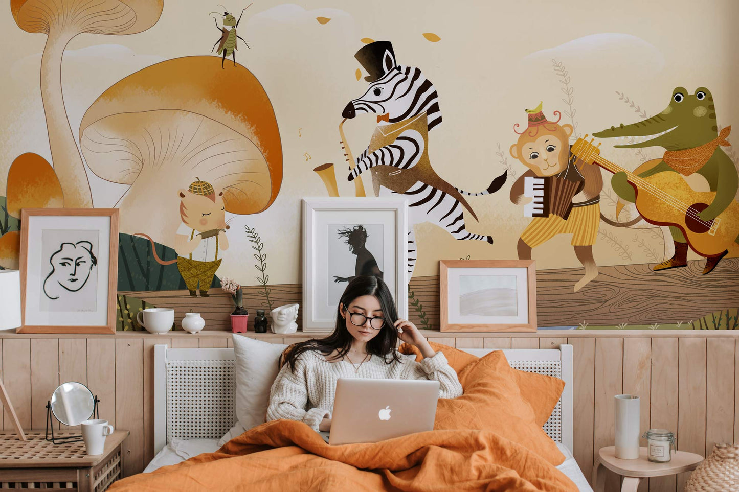 Wallpaper mural featuring an animal concert band, perfect for use as bedroom decor.