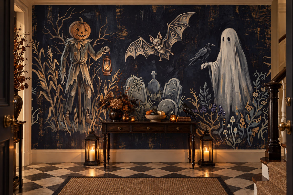 Scarecrow Ghost Raven and Graveyard Halloween Wallpaper Mural - image 4