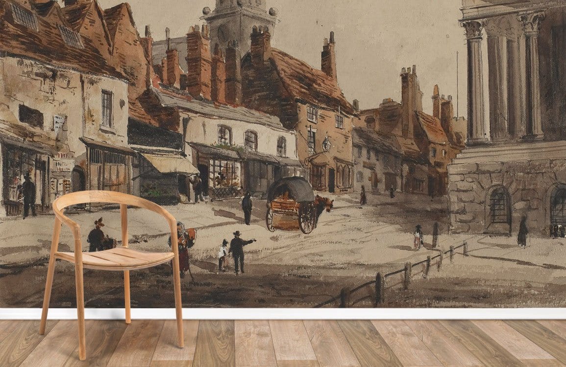 Old-time Town Street vintage wallpaper mural for room