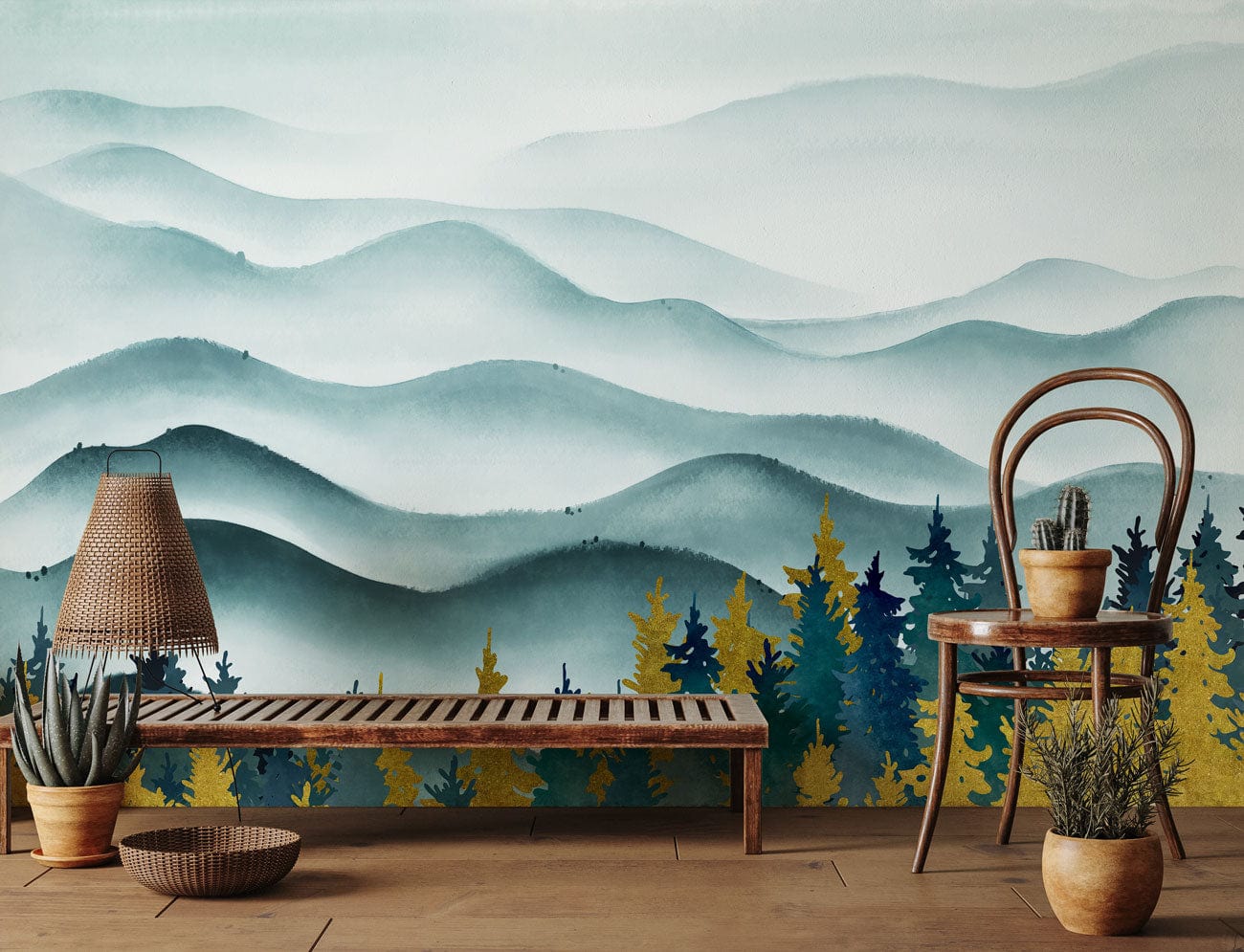 Use the Ombre Ink Mountain Waves wallpaper mural as a decorative element in the hallway.