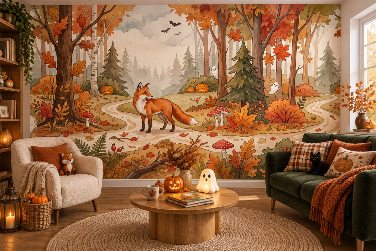 Fox in Autumn Forest with Tiny Ghosts Halloween Wallpaper Mural - image 4