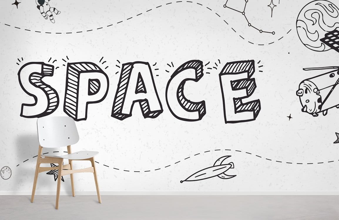 Wallpaper mural with handwritten celestial bodies for use in interior design.