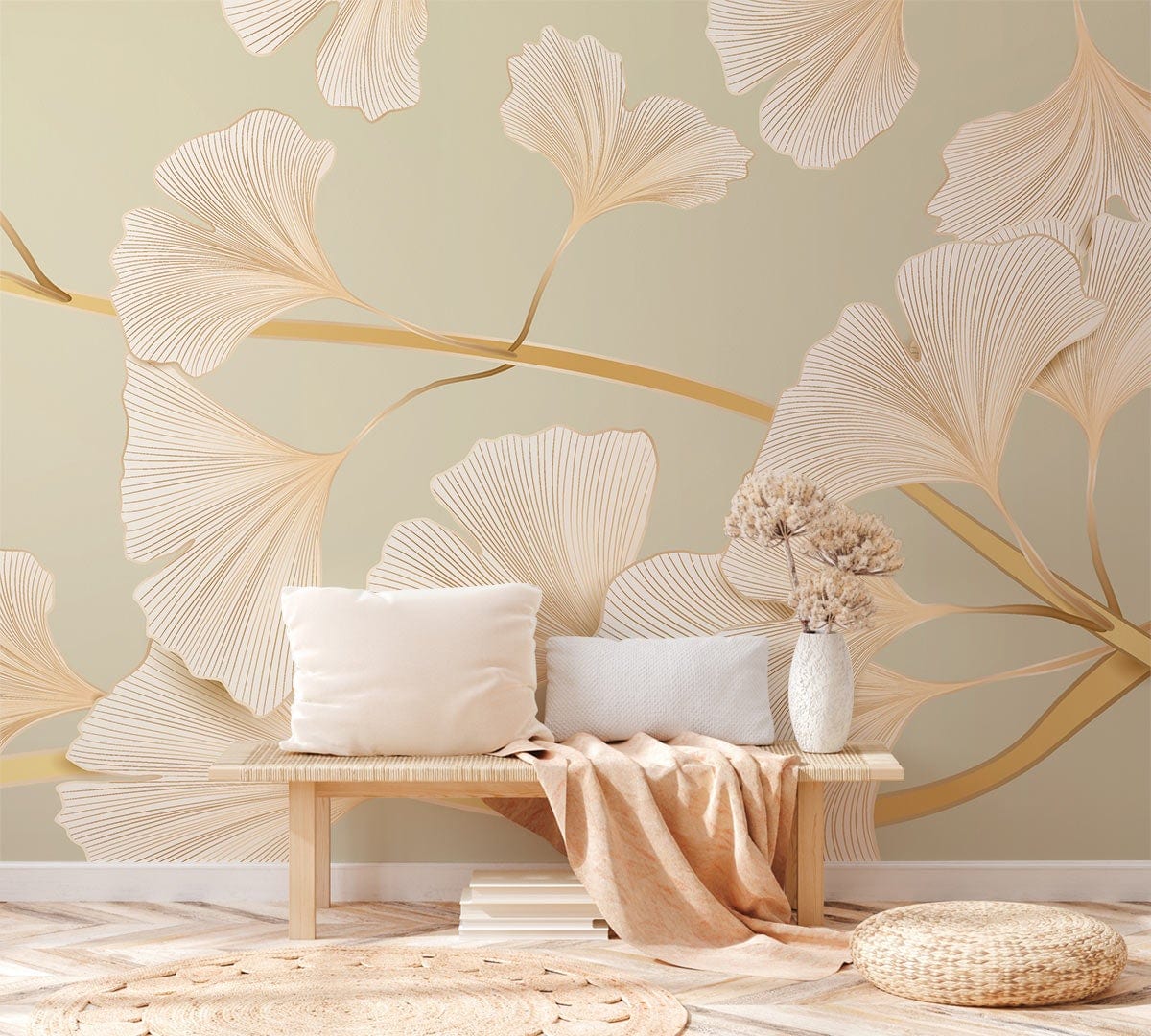 Elegant beige ginkgo leaf wallpaper, wooden bench with cushions, woven rug, vase, minimalist decor.