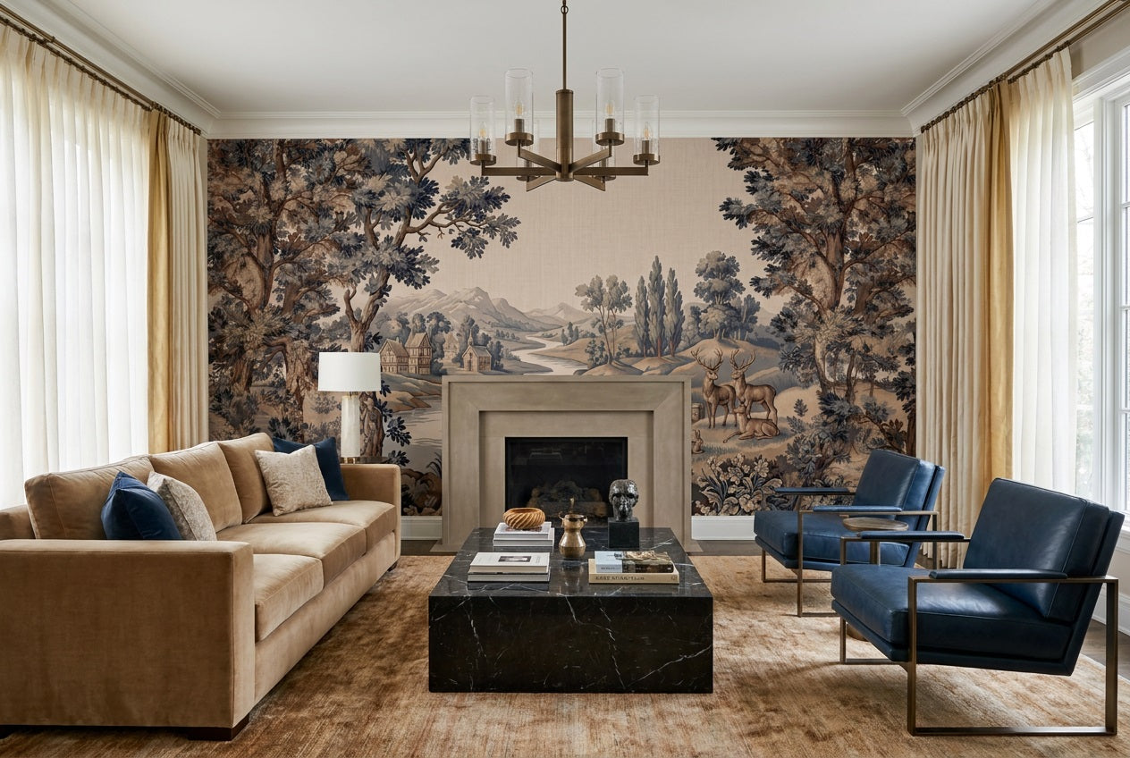 Blue Bridge Forest Tapestry Wallpaper Mural - 5
