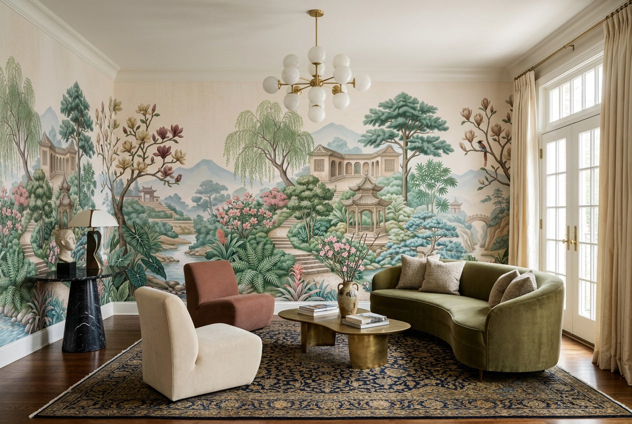 Pastel Chinese Garden Chinoiserie Wallpaper Mural - 6