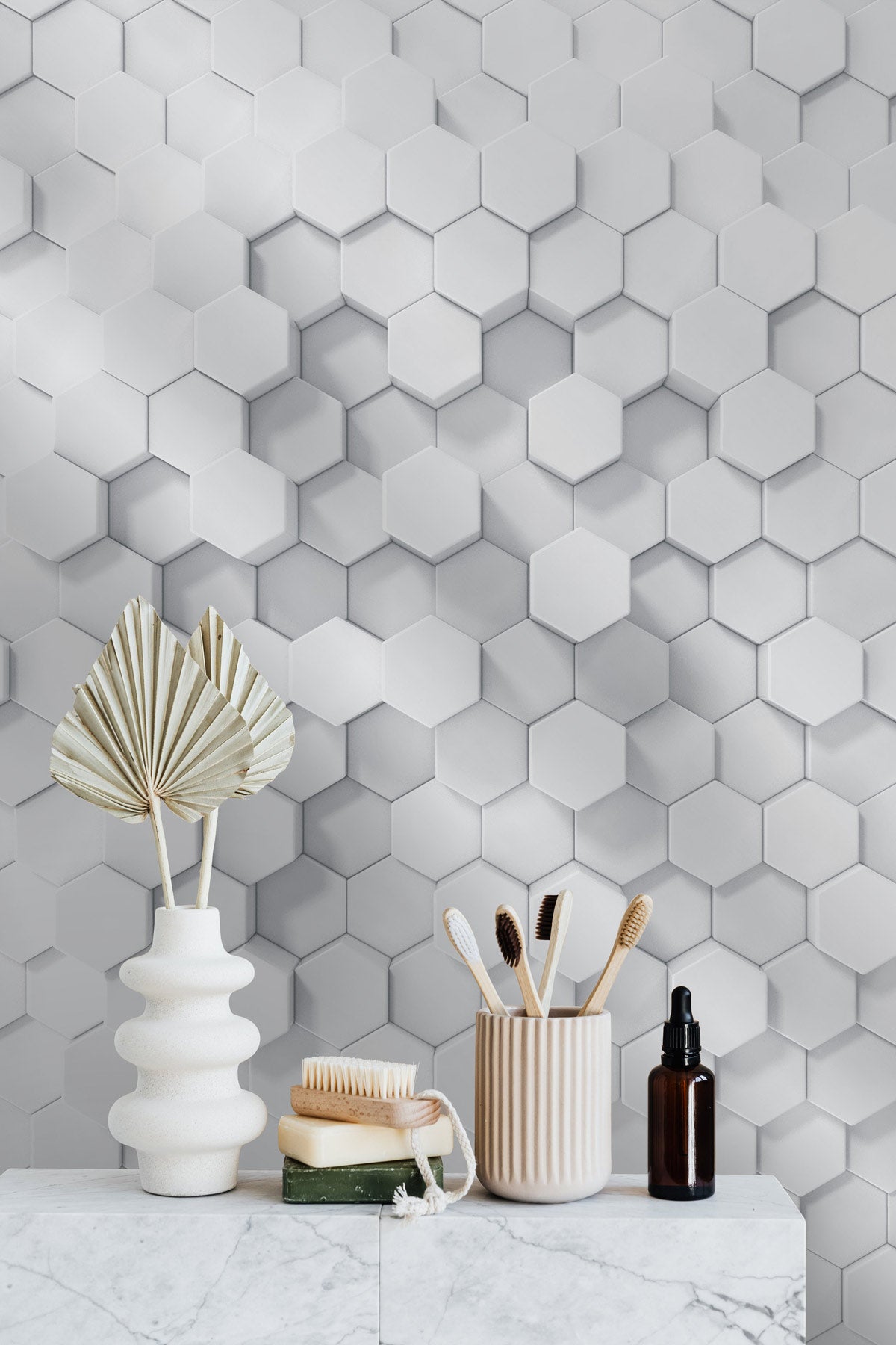 Hexagonal Serenity Mural Wallpaper in bathroom