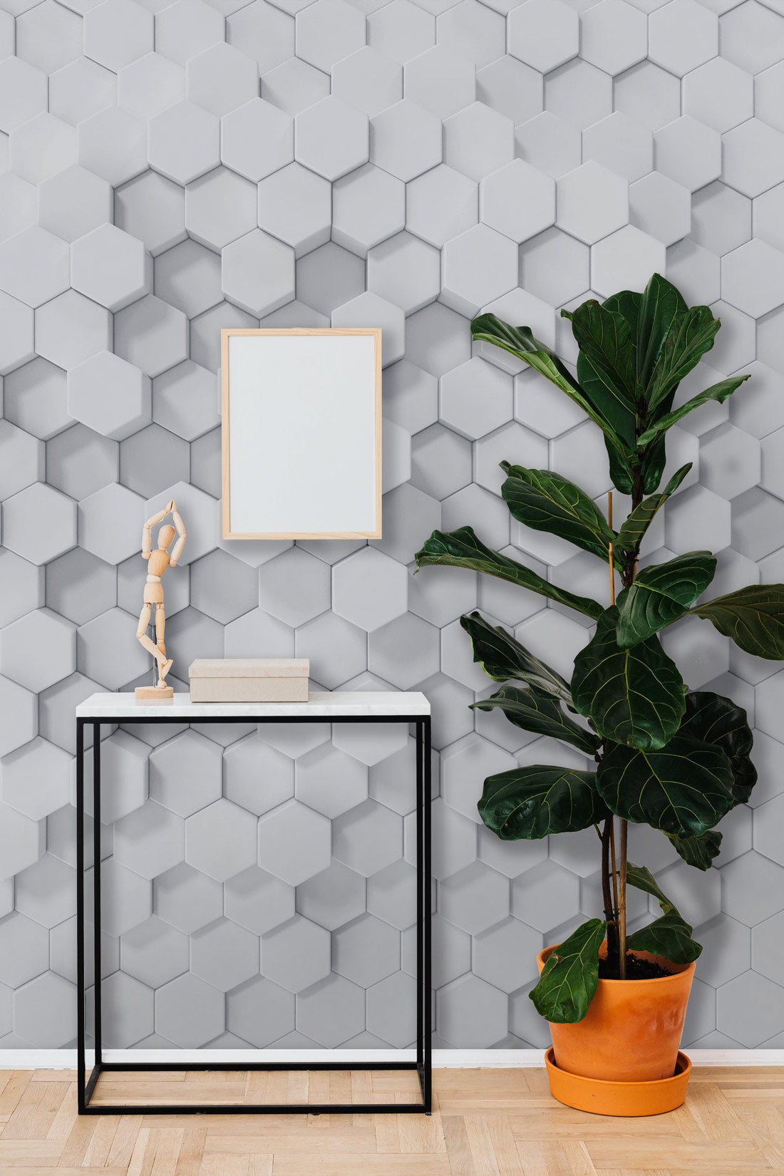 Hexagonal Serenity Mural Wallpaper in entryway