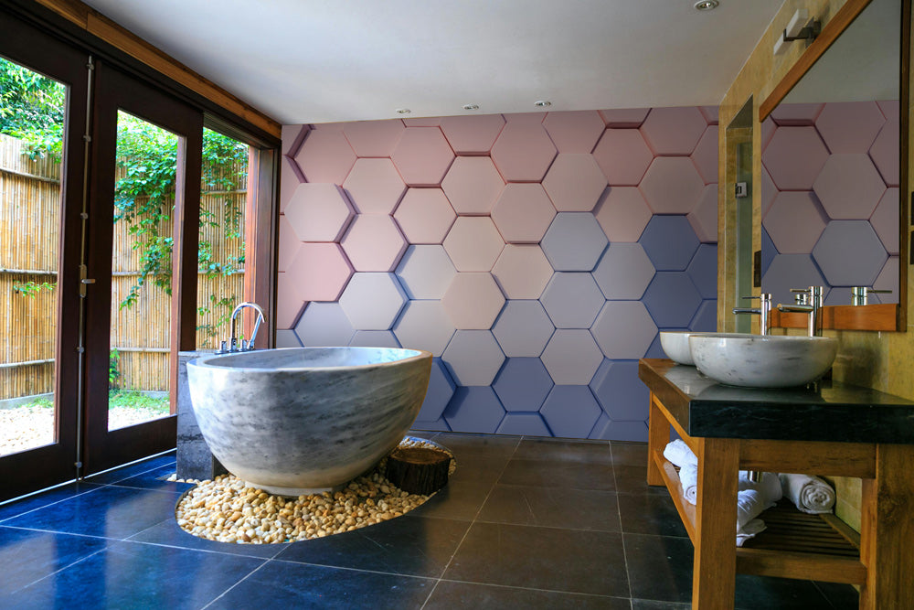 Vibrant Hexagonal Fusion Mural Wallpaper in bathroom