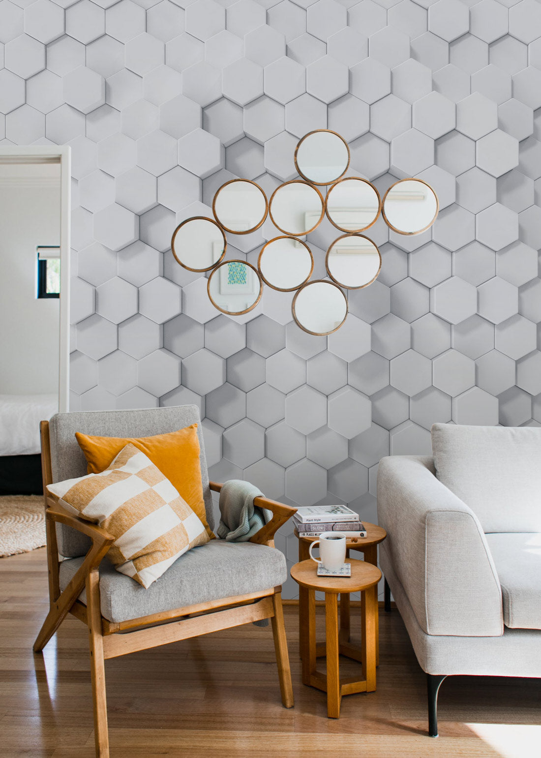 Hexagonal Serenity Mural Wallpaper in living room
