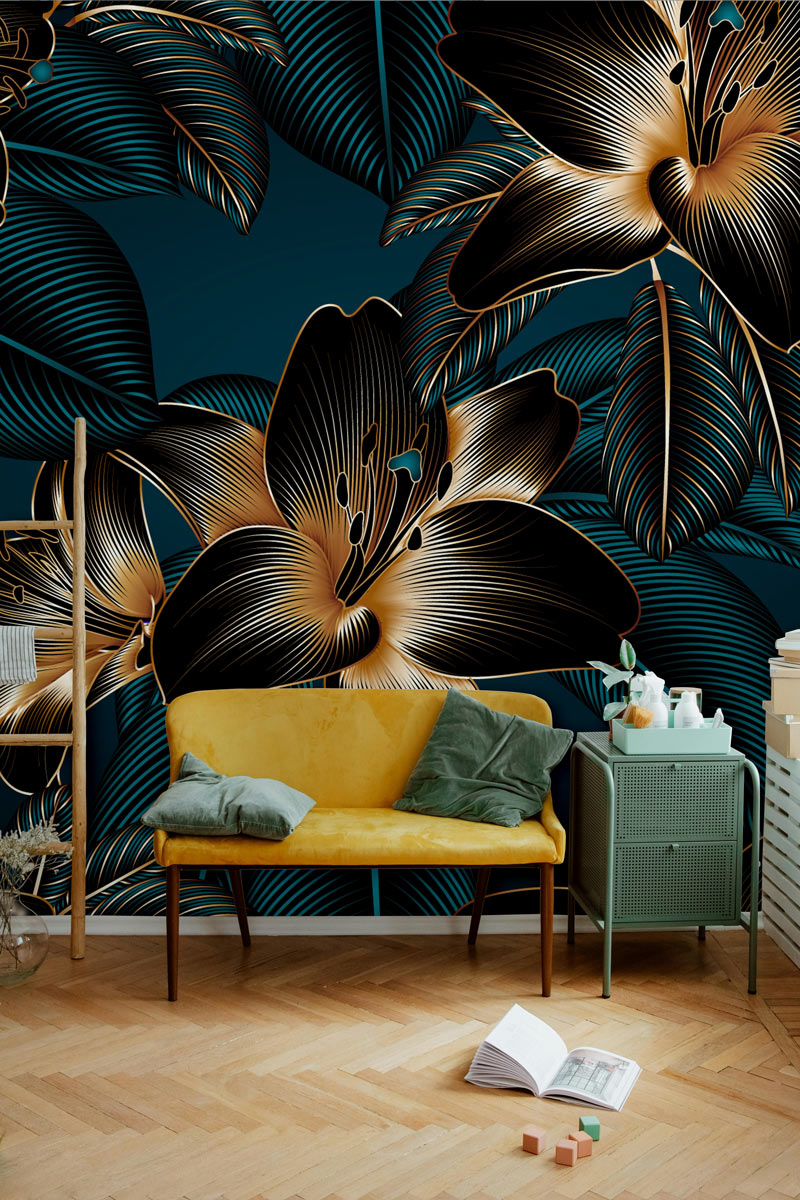 Golden Lily Elegance Mural Wallpaper