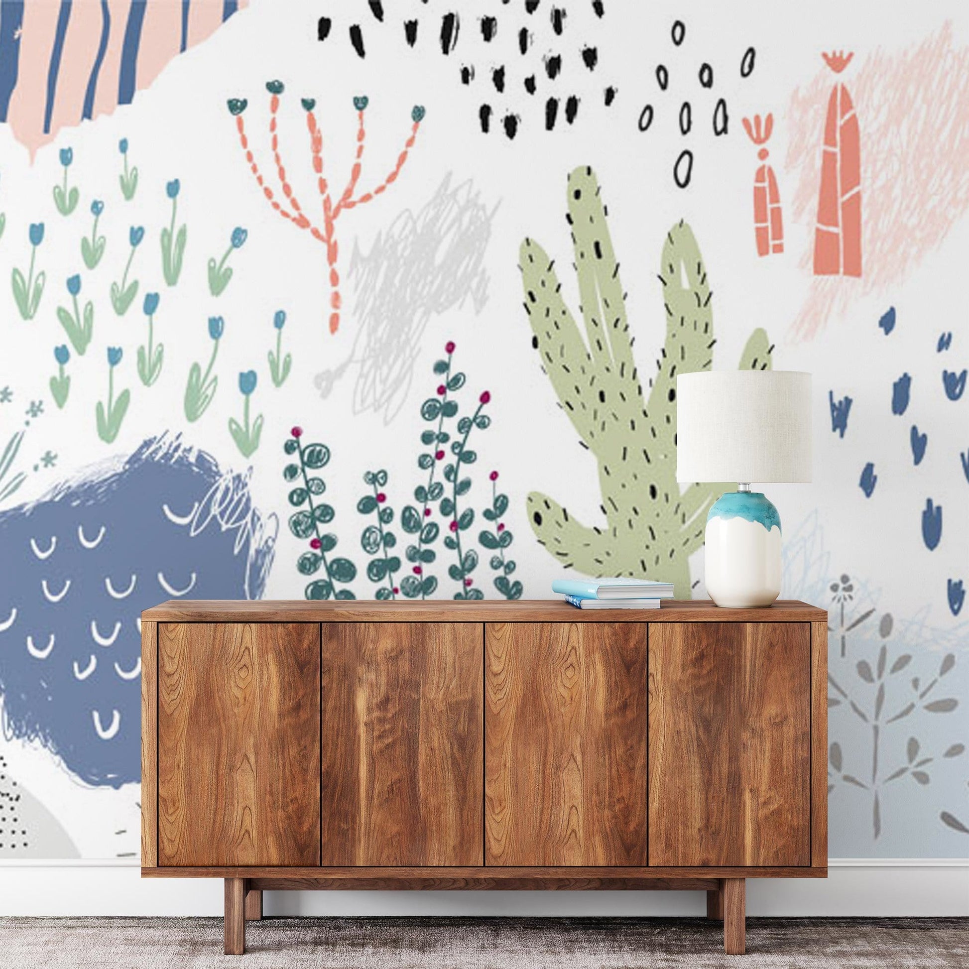 Wallpaper mural with a pastel plant pattern for the hallway's decor.
