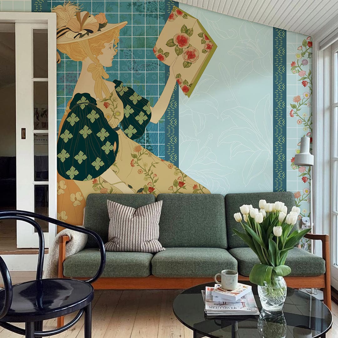 Wall Mural Wallpaper Design for the Living Room Featuring a Young Girl Reading Against a Blue Background