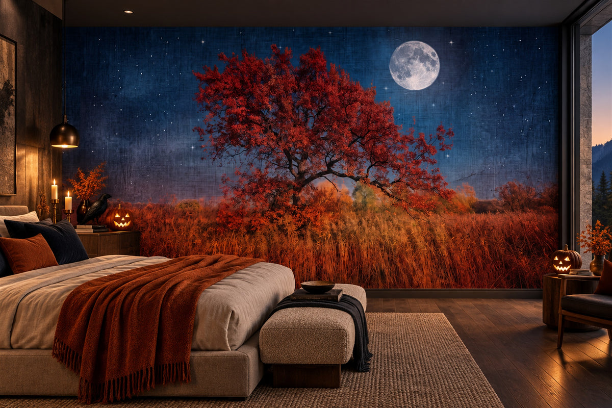 Red Autumn Tree Under Full Moon Halloween Wallpaper Mural - image 4