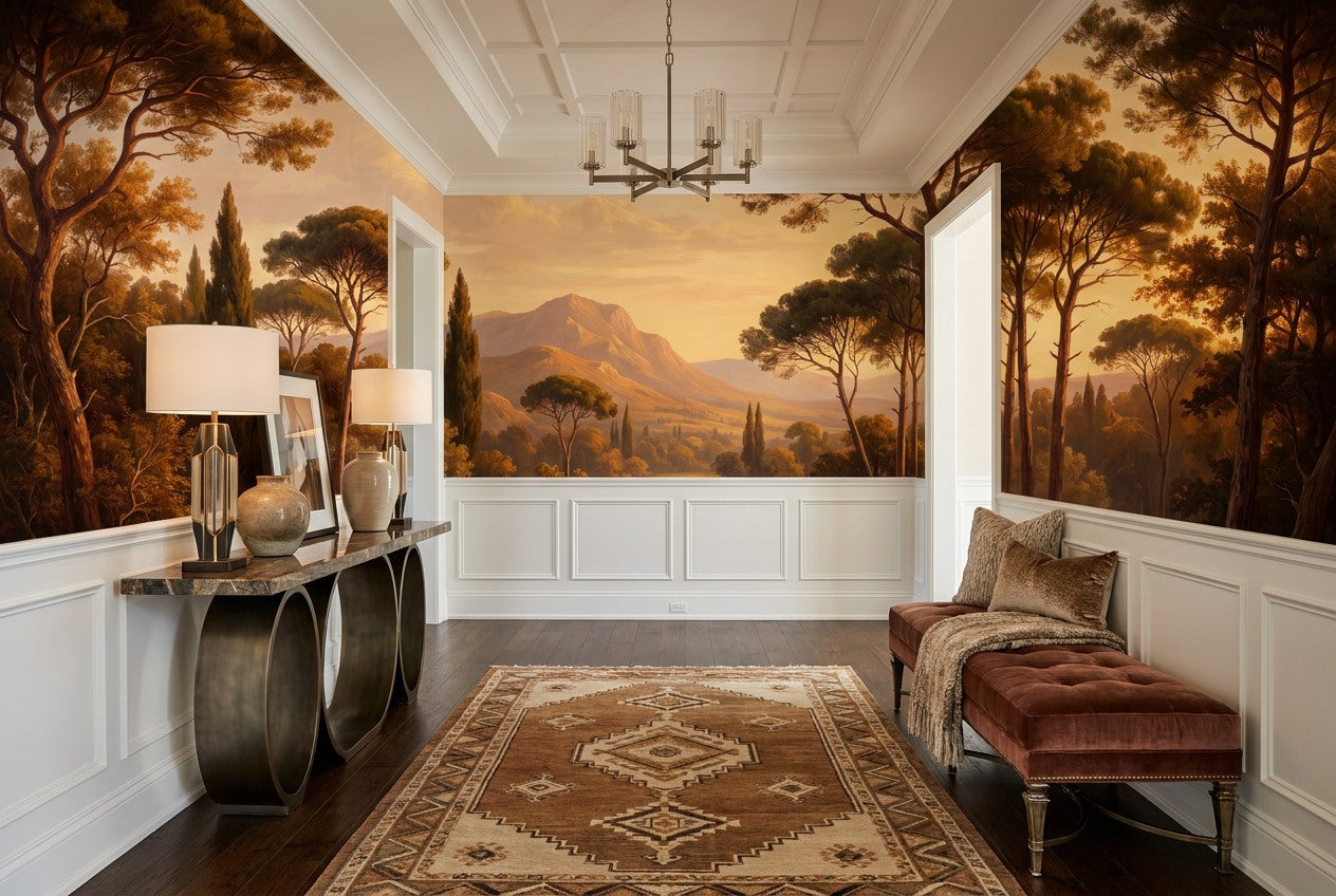 Golden Rustic Pine Landscape Wallpaper Mural interior setting