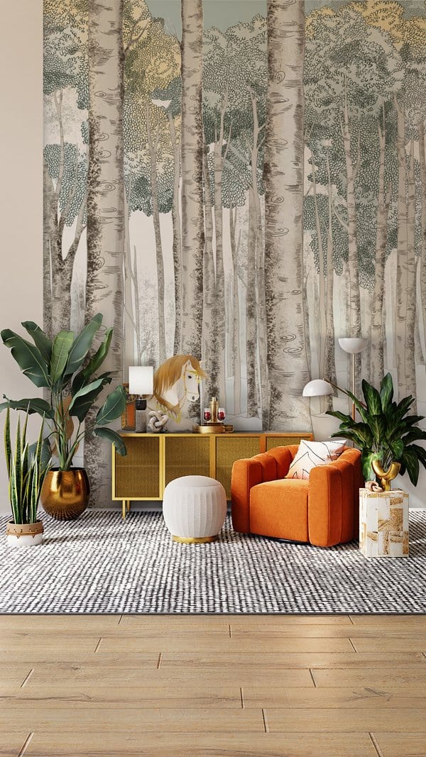 Decorate your living room with this horse in the woods wallpaper mural.