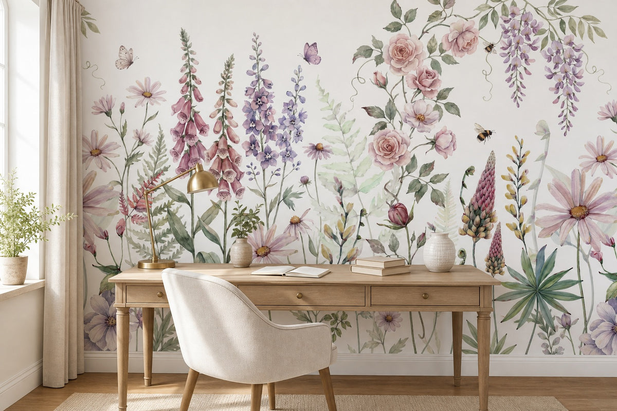 Sage Watercolor Wildflower Garden Wallpaper Mural - 6