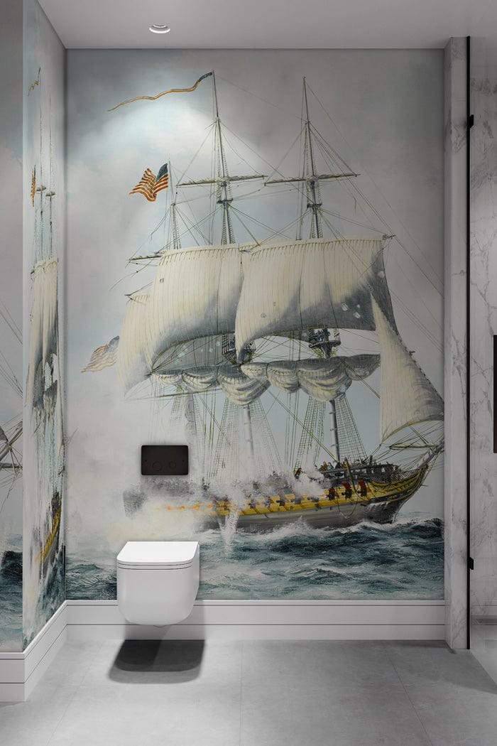 bathroom mural wallpaper featuring a massive white yacht at sea