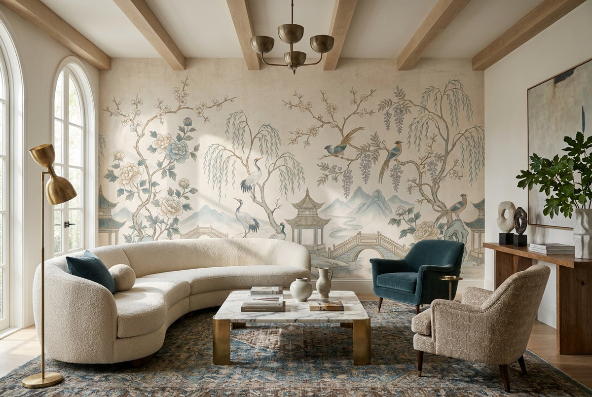 Ivory Crane and Blossom Chinoiserie Wallpaper Mural - 6