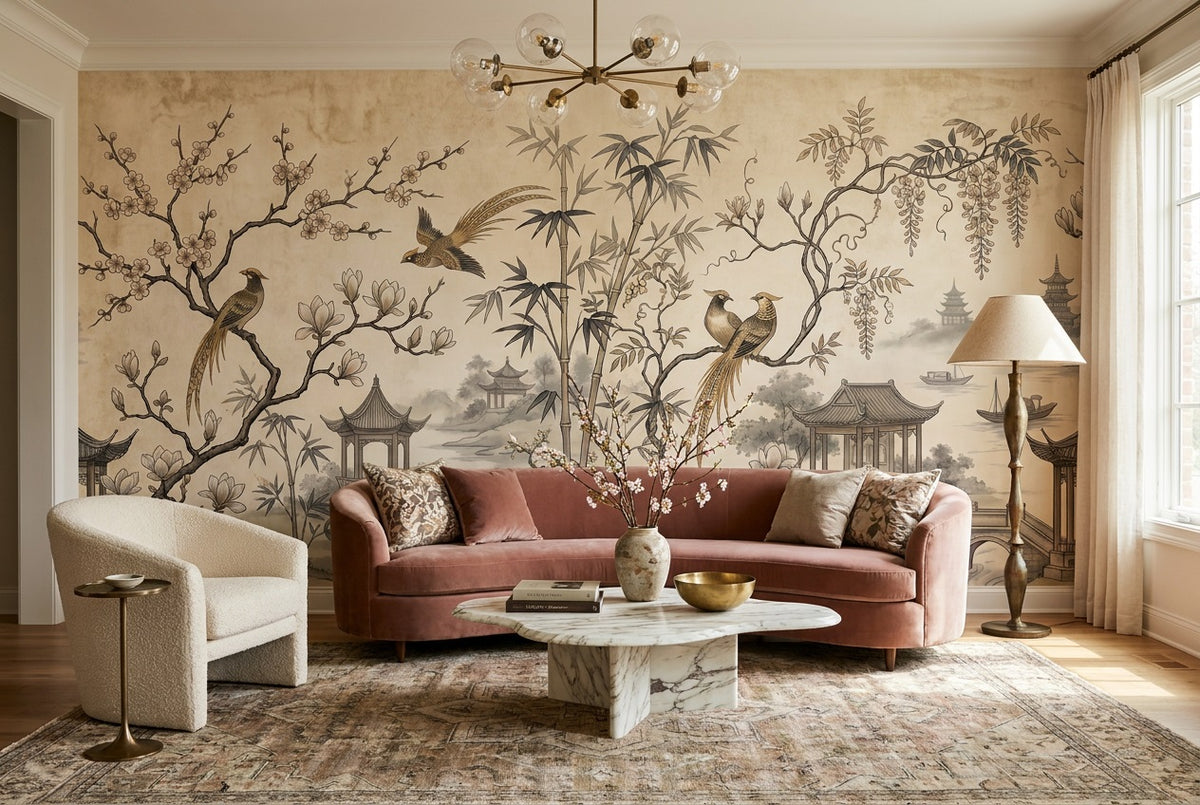 Sepia Pavilion and Bird Chinoiserie Wallpaper Mural - 5