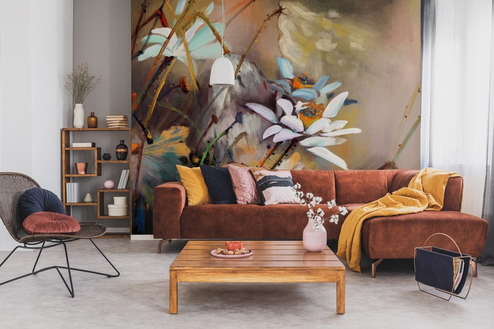 bespoke wallpaper for the living room with an abstract floral pattern