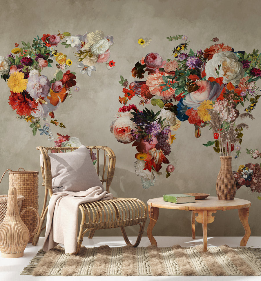 Floral World Map Wall Mural Wallpaper in living room