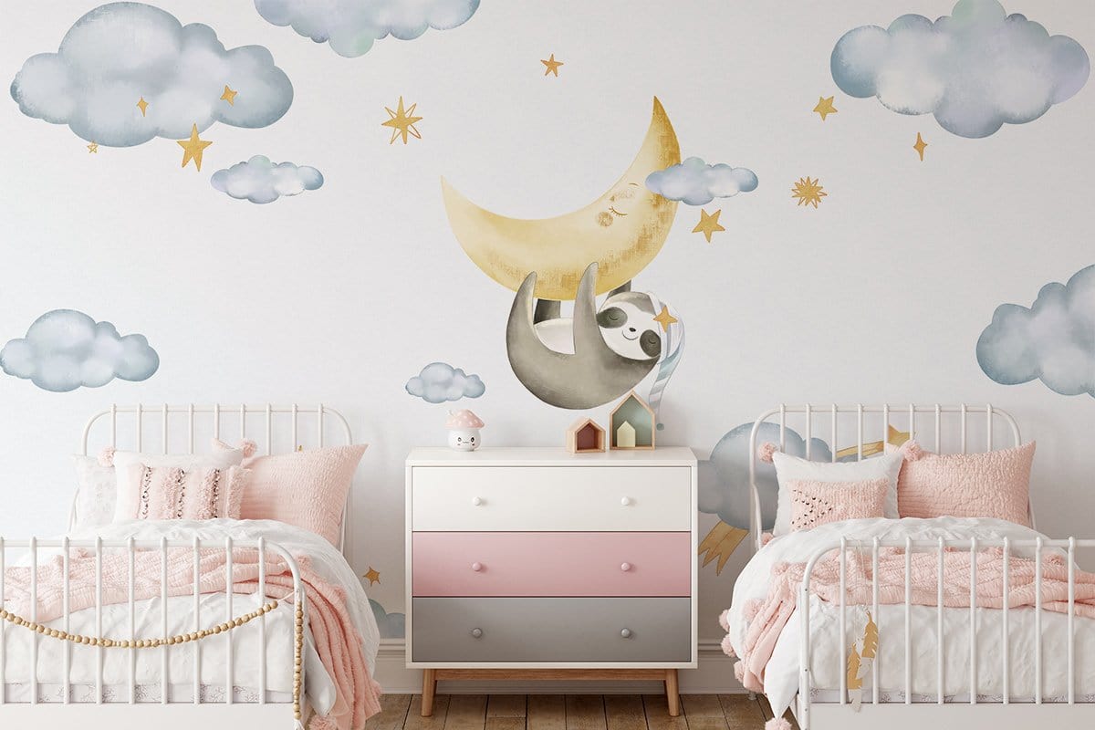 Sloth on moon cartoon Wallpaper Mural for wall decor