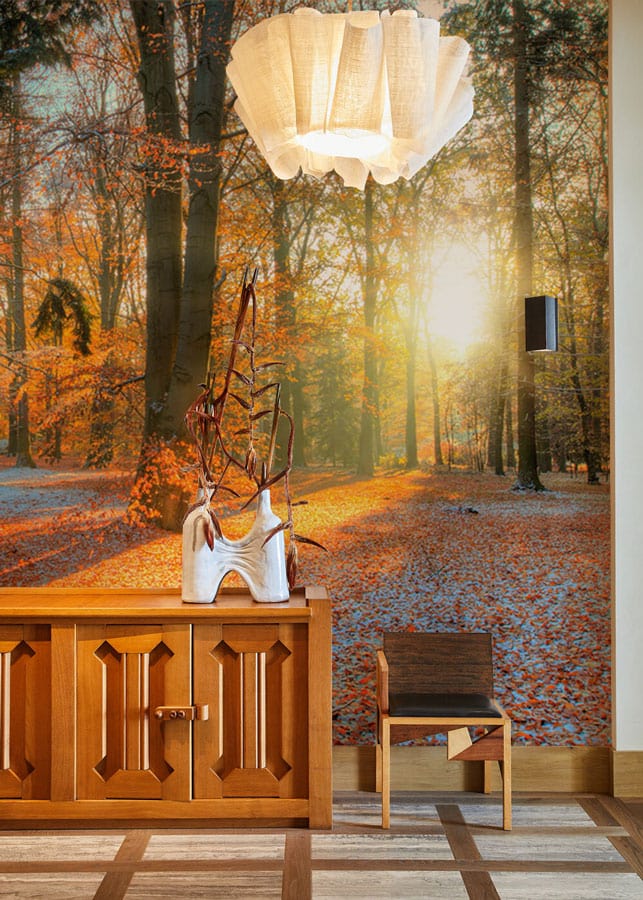Hallway Wall Mural Wallpaper, Snowy Red Forest Scene.