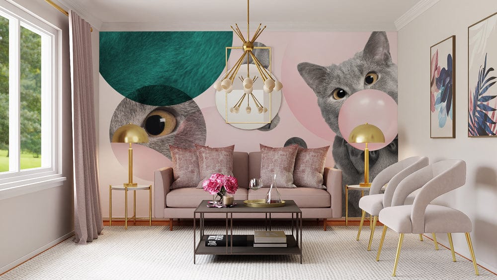 living room wall murals of an elegant Russian blue cat blowing a pink bubble