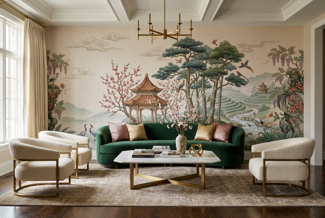 Green Pines and Stream Chinoiserie Wallpaper Mural - 5
