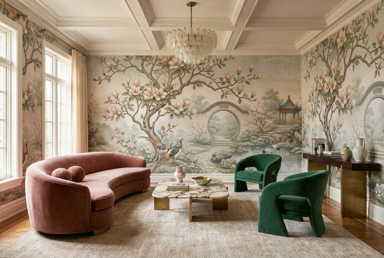Sage Magnolia Moon Gate Chinoiserie Wallpaper Mural - 6