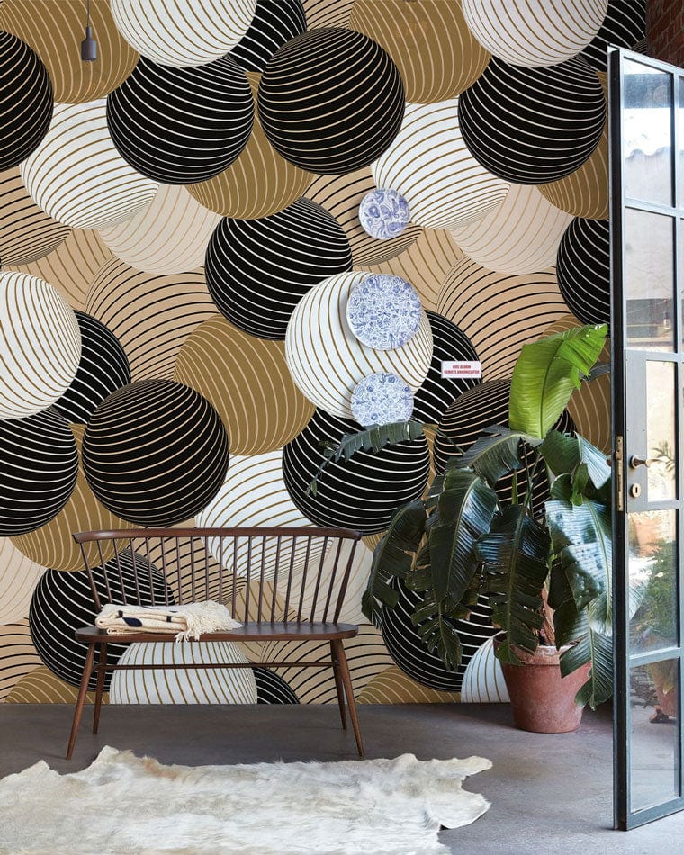 Wallpaper mural with striped balls for the hallway's decor.