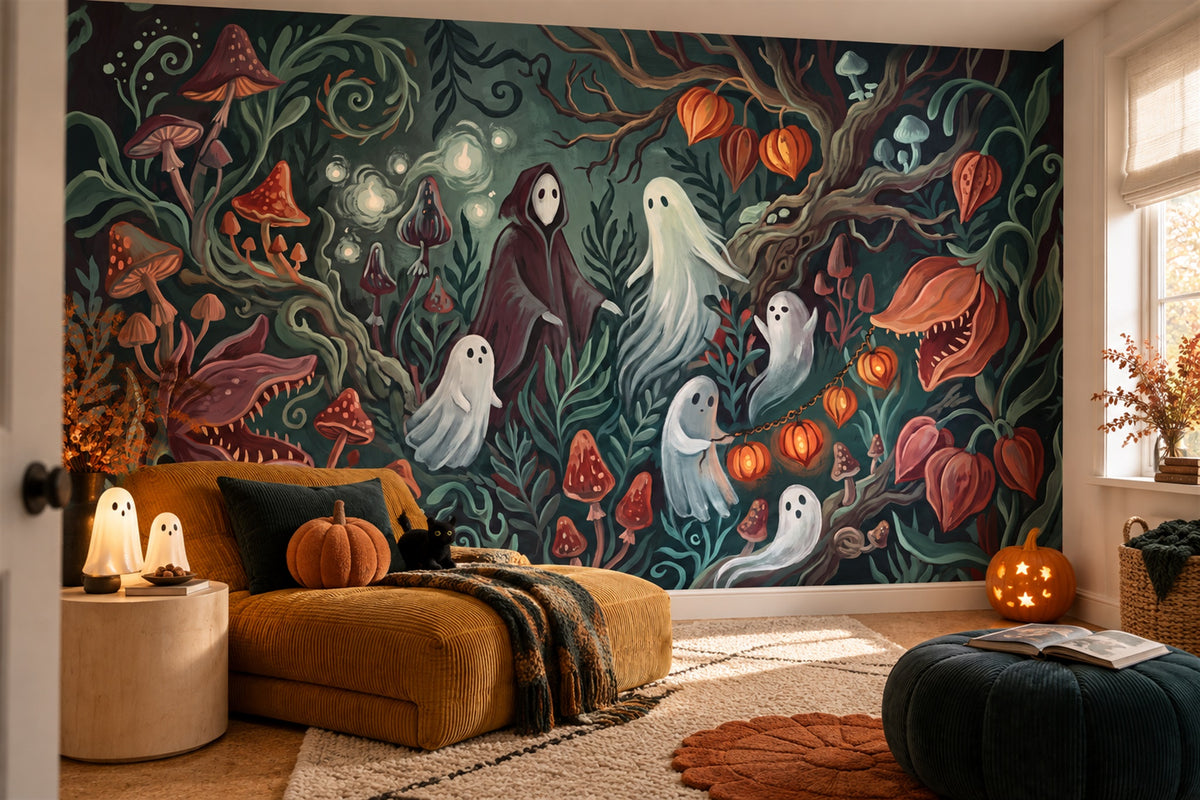 Ghosts Pumpkins Mushrooms and Carnivorous Plants Halloween Wallpaper Mural - image 4