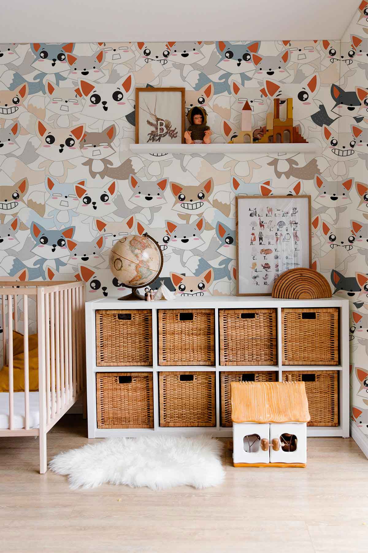 cute suprising fox cartoon wallpaper mural customized for nursery room decor