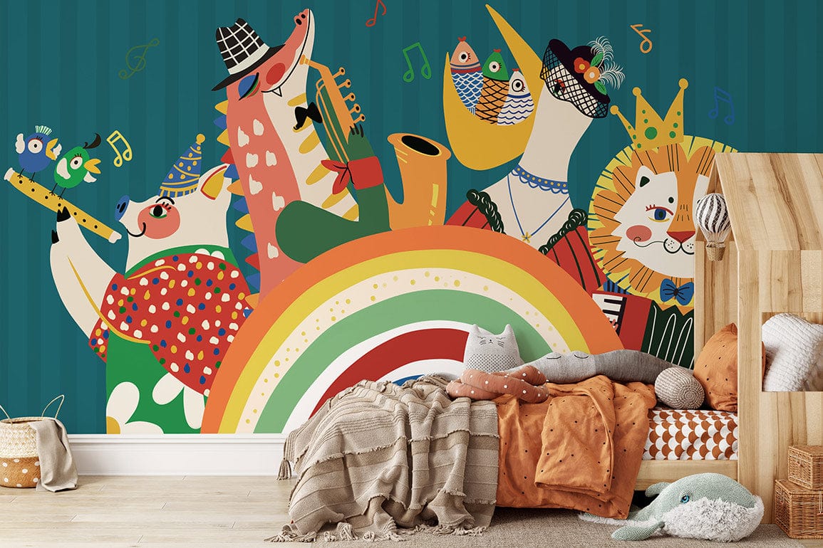 A wall mural depicting several animals participating in a symphony would work well as wallpaper in a nursery.